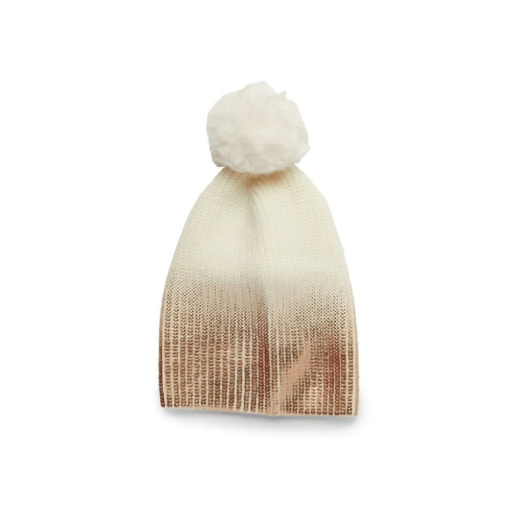 NWT - JOCELYN Faux Fur Pom Metallic Ombré Knit Cream and Golden Brown Beanie Hat